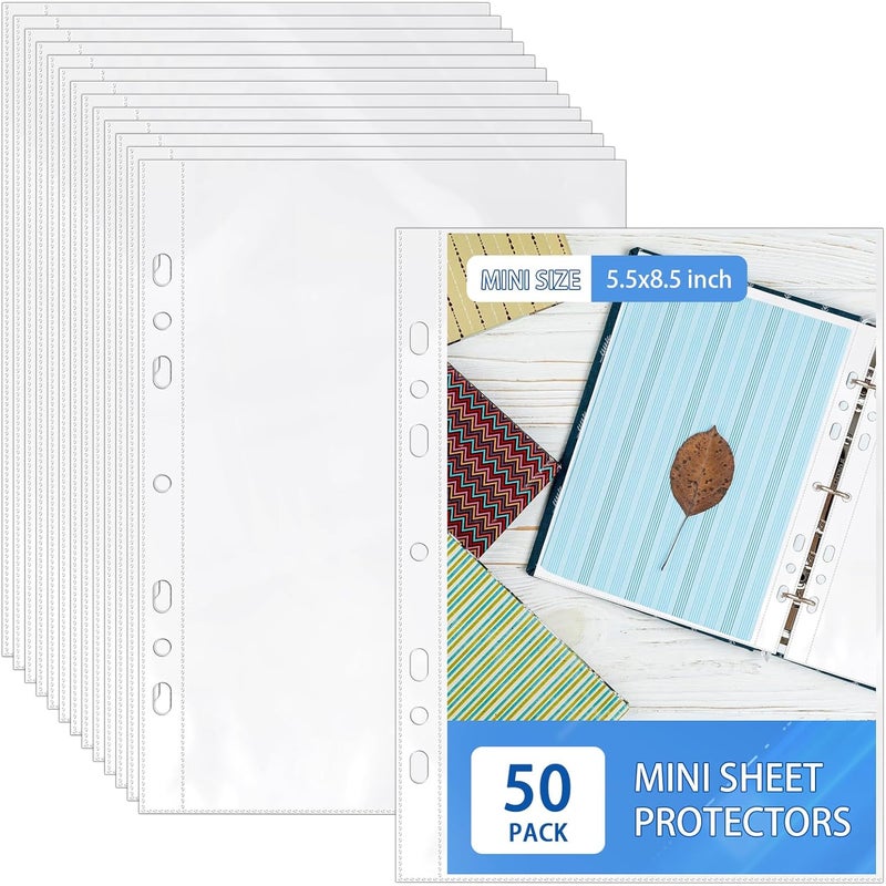 VOKOY 50 Pack 5.5x8.5 Inch Sheet Protectors for 3 or 6 Ring A5 Binder, Half Letter Size 7 Holes Mini Heavy-Duty Sheet Protector Sleeves Crystal Clear Playbill Binder Pockets - Image 1